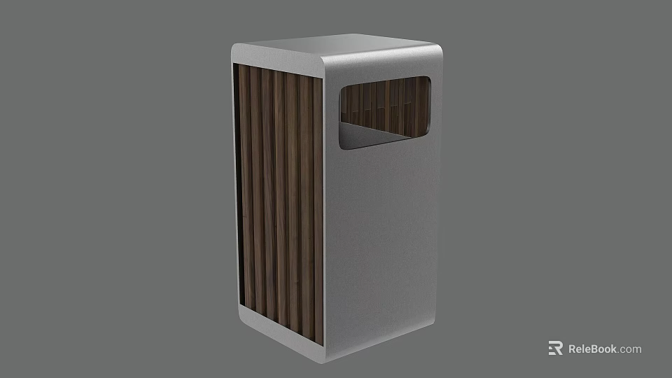Modern Roadside Trash Can With Metal Body And Wooden Strip Design 3d model 