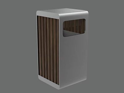 Modern Roadside Trash Can With Metal Body And Wooden Strip Design 3d model