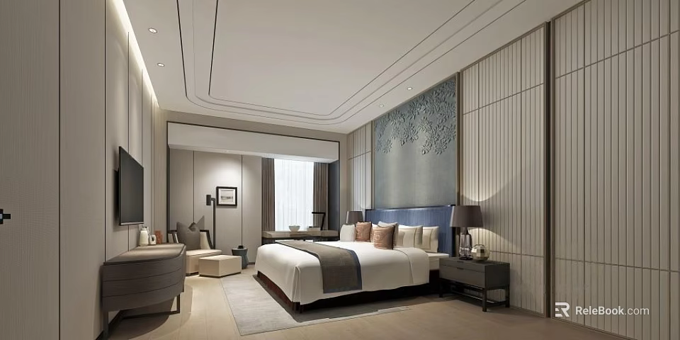 Modern Hotel Room Interior with Large Bed Patterned Headboard Wall and Table Lamps 3d model