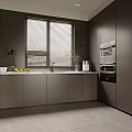 Modern Kitchen With Dark Cabinets Window Blinds White Countertop And Appliances