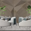 Contemporary Sofa And Coffee Table Set With Green Plants And Geometric Wooden Wall Design