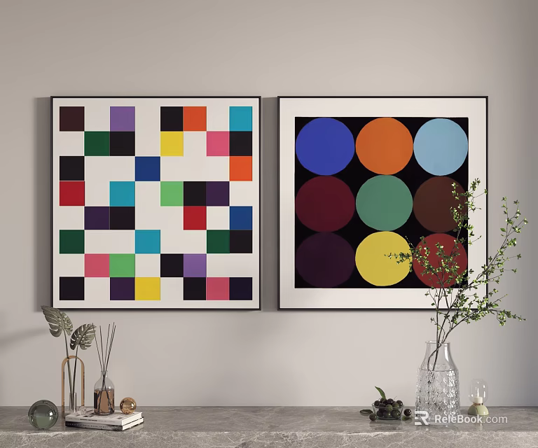 Abstract Wall Art With Geometric And Circular Patterns Alongside Vase Plants And Decorative Items 3d model