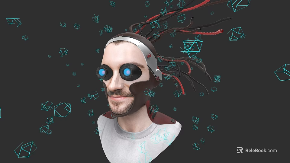Game and Movie Character With Headgear Red Black Cables Blue Glowing Eyes and Geometric Shapes 3d model 