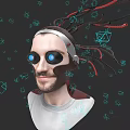 Game and Movie Character With Headgear Red Black Cables Blue Glowing Eyes and Geometric Shapes
