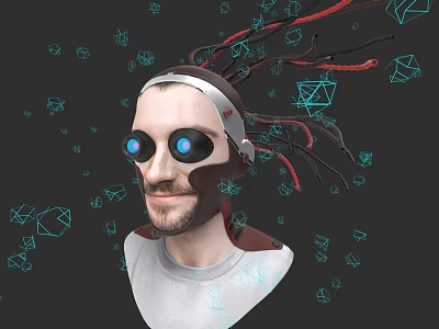 Game and Movie Character With Headgear Red Black Cables Blue Glowing Eyes and Geometric Shapes 3d model