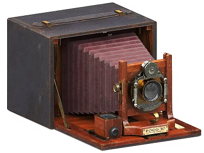 Vintage Camera With Brown Leather Wooden Structure And Foldable Bellows Metal Lens Patent Logo 3d model