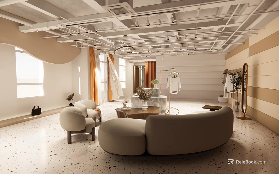 Modern Clothing Store Interior With Comfortable Sofa Round Coffee Table Fitting Mirrors And Orange Curtains 3d model 