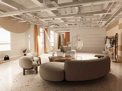 Modern Clothing Store Interior With Comfortable Sofa Round Coffee Table Fitting Mirrors And Orange Curtains 3d model