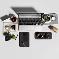 Modern Desktop Workspace With Laptop Notebook Calendar Pens Green Plant Mug And Clock