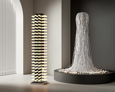 Modern Minimalist Floor Lamps With Stacked Layer Design And Hanging Thread Illuminated Black Base 3d model