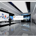 Modern Exhibition Hall Interior With Display Screens And Visitors Exploring Exhibits