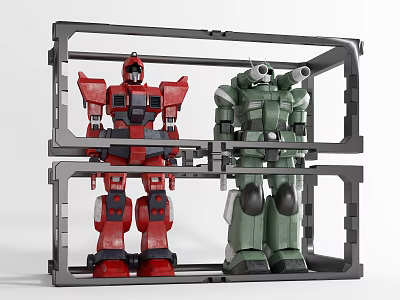 Smart Robot Models Red and Green with Detailed Mechanical Design Enclosed in Gray Frame 3d model