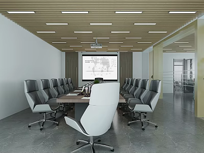 Modern Conference Room Interior With Long Table Ergonomic Chairs Projector Screen And Strip Lights 3d model