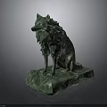Artistic Green Wolf Sculpture With Intricate Mane Sitting On Textured Stone Base