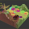 Scenic Miniature Model With Mountain River Bridge House Dead Tree And Grass