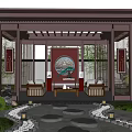 Chinese Style Courtyard Garden With Pavilion Stone Path Lush Greenery And Illuminated Lanterns