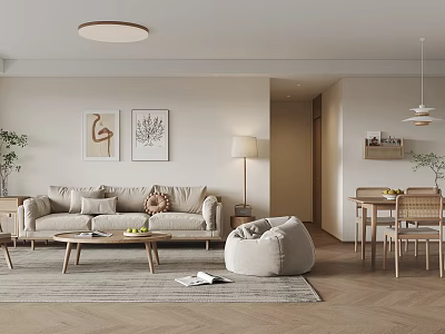 Modern Living and Dining Room Interior With Beige Sofa Decorative Paintings And Wooden Dining Table 3d model
