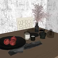 Decorative Ornament Set with Geometric Painting Purple Dried Flowers Vase Pomegranates Black Plate and Candles