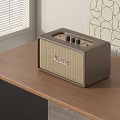 Marshall Brown Speaker Placed On Wooden Table With Window And Geometric Pattern Wall Decor 3d model