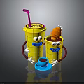 Funny Yellow Cartoon Cups With Smiling Faces Straw Fried Chicken And Small Blue Cup
