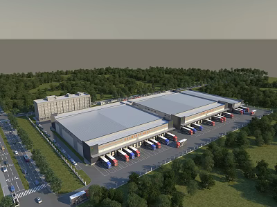 Modern Industrial Warehouse With Green Surroundings Truck Parking And Logistics Facilities 3d model