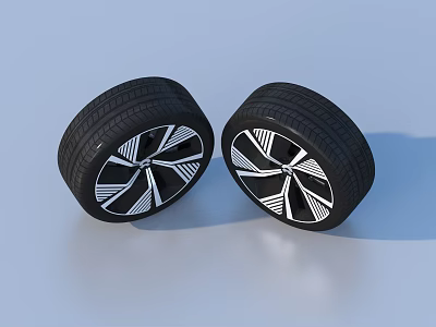Two Modern Car Tires With Stylish Alloy Wheels On Light Blue Surface 3d model