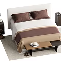 Double Bed With White Headboard Brown Beige Bedding Pillows Nightstands Table Lamp End Bench Rug