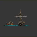 Model Ship Display Scene With Wooden Mast Sails Blue Wave Base And Cannon Barrel