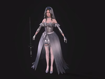 Game and Movie Female Character in Silver Armor Long Dress Holding Longsword Against Black Background 3d model