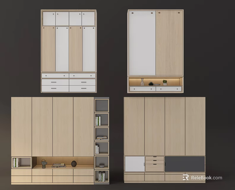 Modern Wardrobe Interior Design With Wooden Panels Drawers And Storage Shelves 3d model 