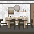 Minimalist Restaurant Interior With Wooden Dining Table Chairs And Hanging Pendant Light