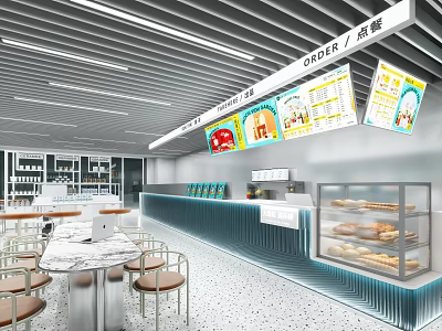 Modern Bubble Tea Shop Interior With Counter Seating Area Menu Boards And Pastry Display Case 3d model