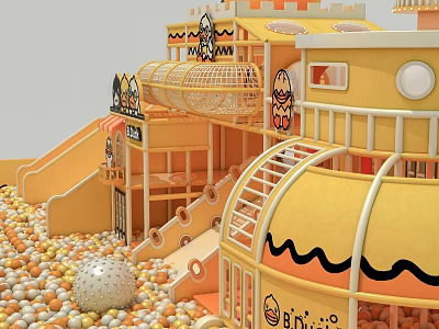 Colorful Yellow Themed Children's Playground With Slide Ball Pit And Cartoon Characters 3d model