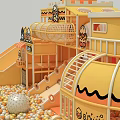 Colorful Yellow Themed Children's Playground With Slide Ball Pit And Cartoon Characters