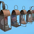 Multiple Vintage Candle Lanterns in Different Colors with Metal Designs on Blue Background