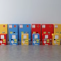 Various Colored Industrial Storage Cabinets with Warning Signs and Safety Labels
