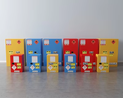 Various Colored Industrial Storage Cabinets with Warning Signs and Safety Labels 3d model
