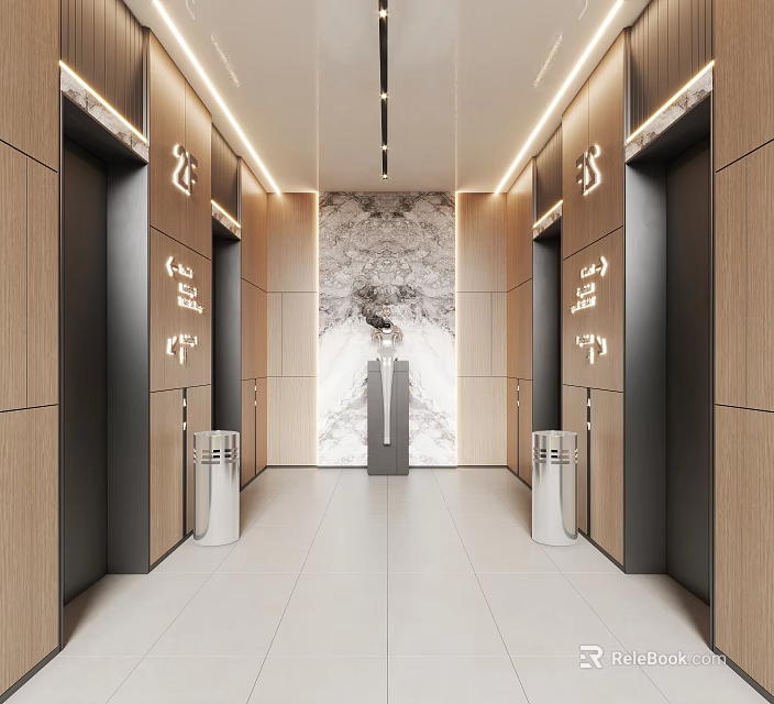 Modern Elevator Lobby With Decorative Wall Lighting White Floor Tiles And Elegant Doors 3d model 