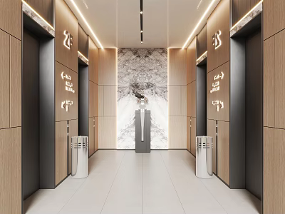 Modern Elevator Lobby With Decorative Wall Lighting White Floor Tiles And Elegant Doors 3d model