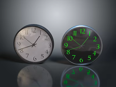 Two Analog Clocks With White And Glowing Green Dials Metal Frames On Gray Background 3d model