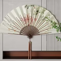 Decorative Fan Wall Hanging With Floral Motifs Calligraphy Wooden Ribs Tassels And Green Branches