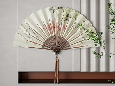 Decorative Fan Wall Hanging With Floral Motifs Calligraphy Wooden Ribs Tassels And Green Branches 3d model