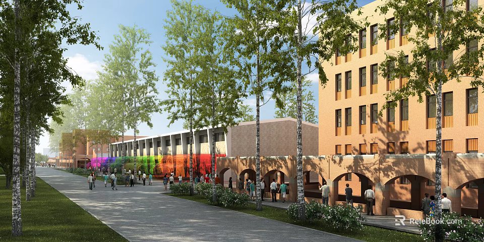 School Buildings with Rainbow Colored Sections Brick Arched Doorways and Trees Where People Walking 3d model 