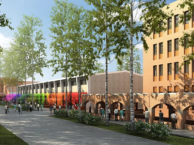 School Buildings with Rainbow Colored Sections Brick Arched Doorways and Trees Where People Walking 3d model
