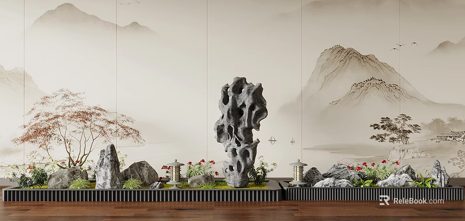 Traditional Garden Landscape With Porous Rock Red Flowers Lantern Decorations And Landscape Painting Backdrop 3d model 