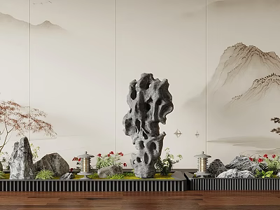 Traditional Garden Landscape With Porous Rock Red Flowers Lantern Decorations And Landscape Painting Backdrop 3d model