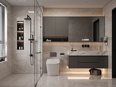Modern Bathroom Interior Design With Glass Shower Gray Cabinets And Marble Vanity 3d model