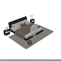 Double Bed Black Leather Headboard White Mattress Pillows Blankets Nightstands Table Lamp Green Plant Rug