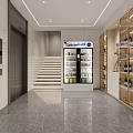 Modern Front Desk Reception With Marble Countertop Red Receptionist Gray Backdrop Wall And Green Plant