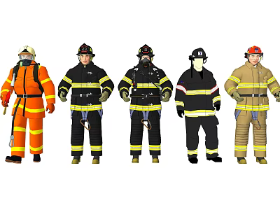 Male Firefighters in Different Colored Fire Suits Wearing Protective Gear 3d model